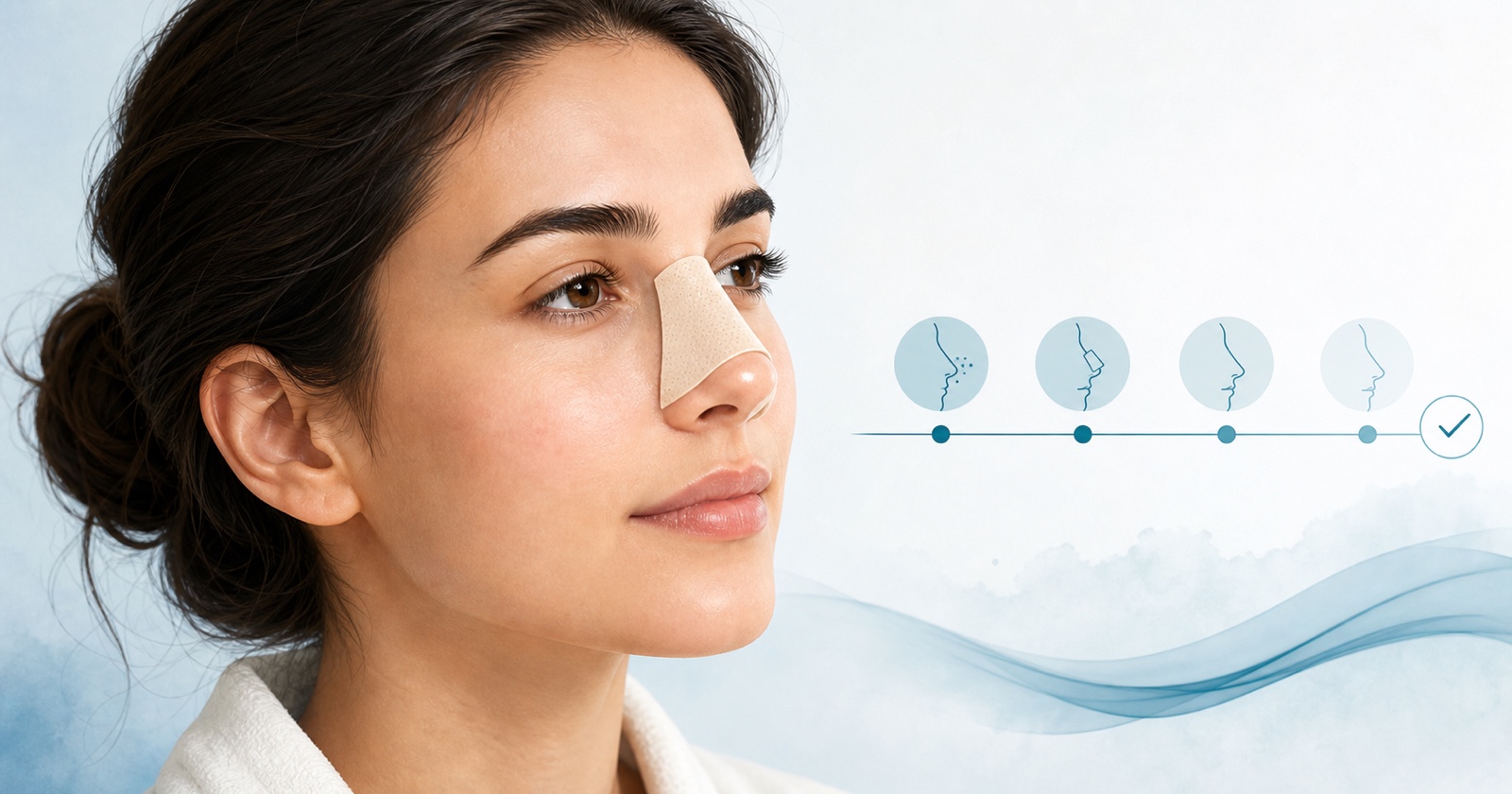 Paciente em recuperação da rinoplastia com curativo nasal discreto e elementos visuais de evolução pós-operatória.