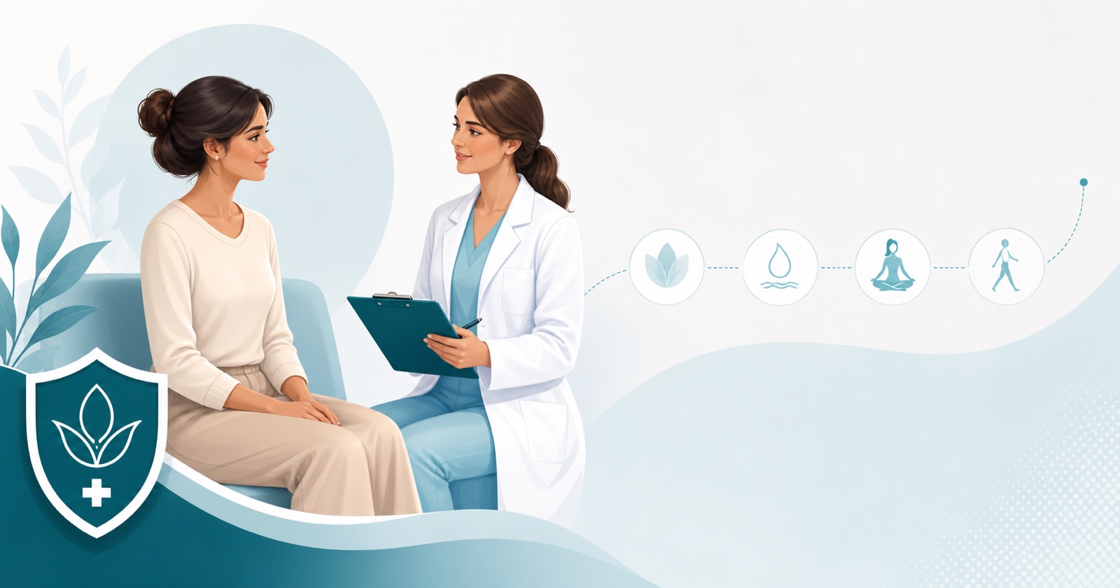 Ilustração editorial de consulta médica sobre recuperação da ninfoplastia, com paciente, médica e ícones de cuidado pós-operatório.